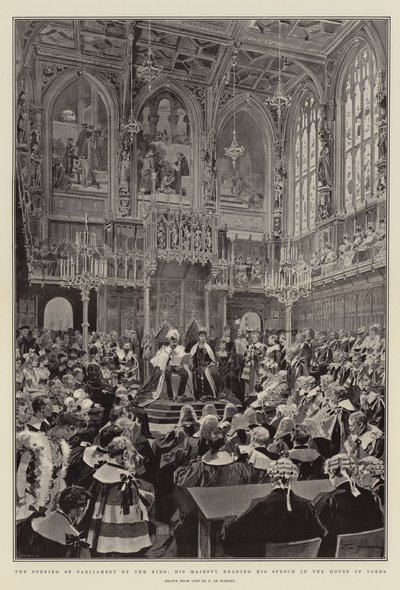Die Eröffnung des Parlaments durch den König, Seine Majestät liest seine Rede im House of Lords von Frederic de Haenen
