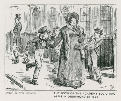 Die Jungen der Wellington House Academy, die in der Drummond Street Almosen erbitten (Stich) von Frederick (after) Barnard