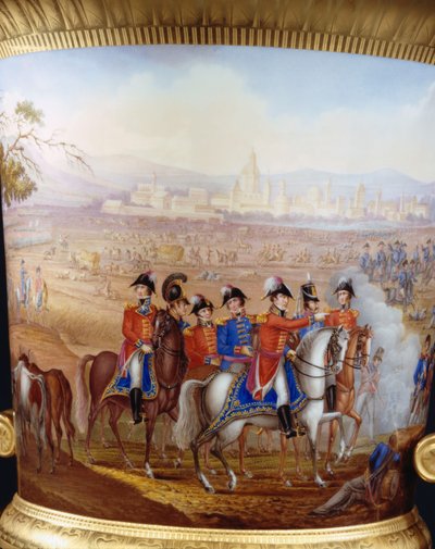 Detail von Wellington und seinen Offizieren von einer Berliner Goldgrund schlanken Campana-Vase und Sockel des Wellington-Diensttyps, bemalt mit einer Szene der Schlacht von Vittoria, 1817 von Frederick Christian Lewis