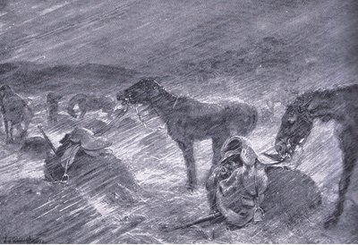 Ein südafrikanischer Hagelsturm, aus After Pretoria: Der Guerillakrieg veröffentlicht von Harmsworth Bros Limited, 1901 von Frederick Judd Waugh