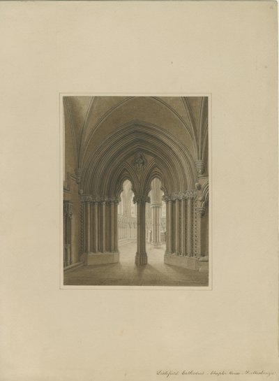 Innenraum der Kathedrale von Lichfield - Tür des Kapitelsaals: Sepiazeichnung von Frederick Mackenzie
