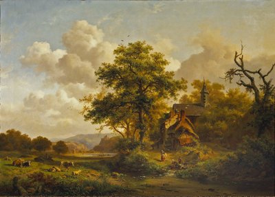 Eine ruhige Landschaft mit Frauen, die an einem Bach waschen, und Vieh und Schafen, die ruhen von Fredrik Marinus Kruseman