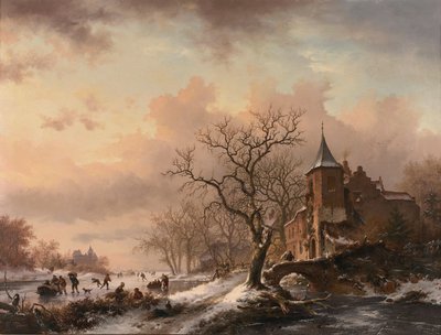 Schloss in einer Winterlandschaft und Schlittschuhläufer auf einem zugefrorenen Fluss von Fredrik Marinus Kruseman