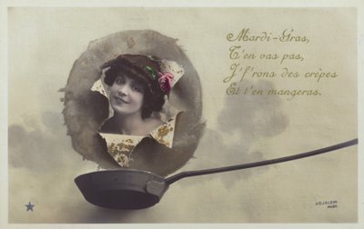 Kopf einer Frau, der über einer Pfannkuchenpfanne hervorbricht (getönte Fotokollage) von French Photographer