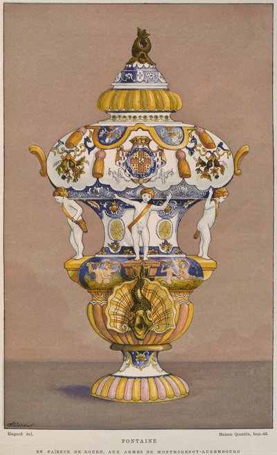 Faience-Brunnen aus dem 18. Jahrhundert mit dem Wappen von Montmorency Luxembourg, hergestellt in Rouen, Illustration aus dem Dictionnaire de l