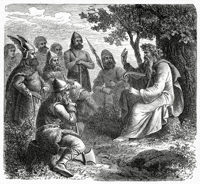 Ein Barde rezitiert vor Nordmännern, ca. 1882 (Holzstich) von French School