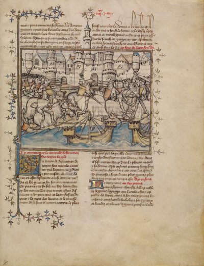 Eine Schlacht aus dem Trojanischen Krieg, ca. 1390-1400 (Tempera, Waschungen und Goldblatt auf Pergament) von French School