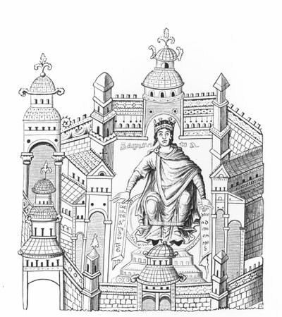 Ein karolingischer König in seinem Palast, personifiziert Weisheit, die an die gesamte Menschheit appelliert, nach einer Miniatur in einem Manuskript, kopiert von Graf Horace de Viel-Castel (1798-1864) von French School