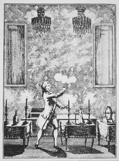 Eine Demonstration der Zauberei aus La magie Blanche devoilee von Decremps, 1659, illustriert in einer Geschichte der Magie, veröffentlicht im späten 19. Jahrhundert von French School