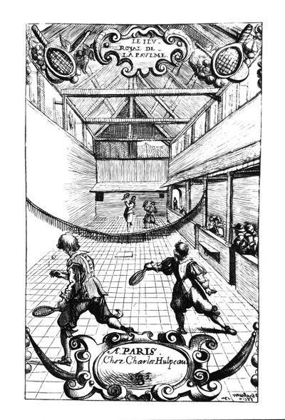 Ein königliches Tennisspiel im Jeu de Paume, Versailles, veröffentlicht von Charles Hulpeau von French School