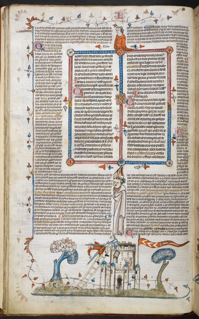Szene eines Mannes, der versucht, eine Burg zu erobern, und von einem der Verteidiger getötet wird, aus den Smithfield Decretals, Royal 10 E. IV, f.18v von French School