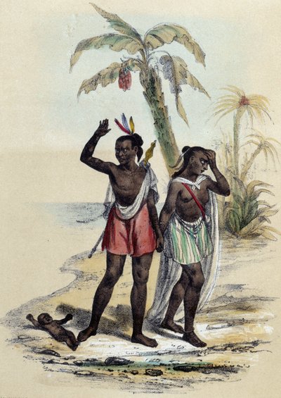 Ein Paar und ein Baby am Strand; Illustration für die Marquesas, - in „Les twelve Nations“ von M.E Fouinet von French School