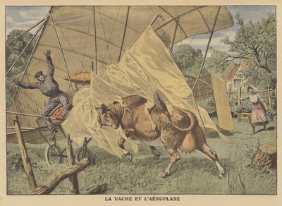 Eine Kuh greift ein Flugzeug im amerikanischen Mittleren Westen an von French School