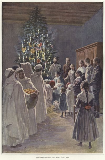 Eine Familie beobachtet eine Krippenszene neben einem Weihnachtsbaum von French School