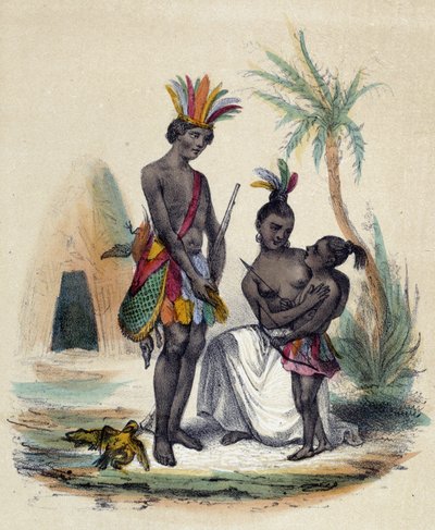 Eine Familie kanadischer Indianer vor ihren Tipis; Illustration für Kanada, - in „The twelve Nations“ von M.E Fouinet von French School