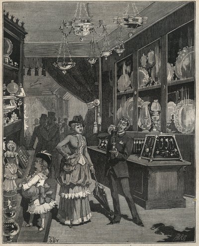 Ein Goldgeschäft in Frankreich im 19. Jahrhundert. Gravur von 1885 in „Les arts et métiers illustrés“ von Adolphe Bitard. von French School