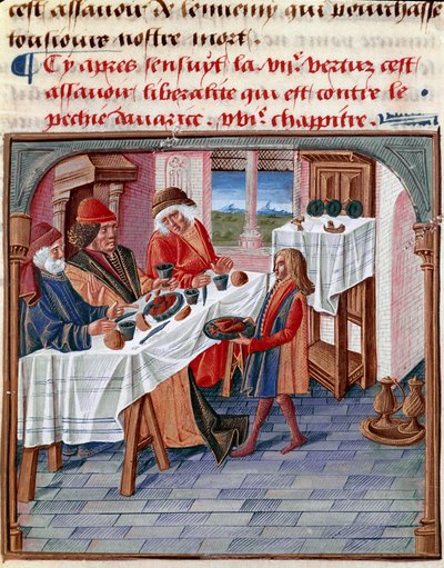 Ein Mann teilt seinen Tisch mit einem Bedürftigen. Miniatur aus „Le livre de bonnes mœurs de Jacques Legrand“ 1490 Chantilly, Musée Condé von French School