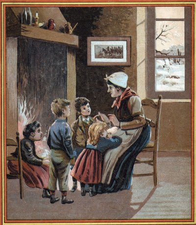 Eine Mutter erzählt ihren Kindern Geschichten am Feuer. Umschlag des Buches „Les tales du foyer pour les petits“. Anonyme Gravur aus dem 19. Jahrhundert. von French School