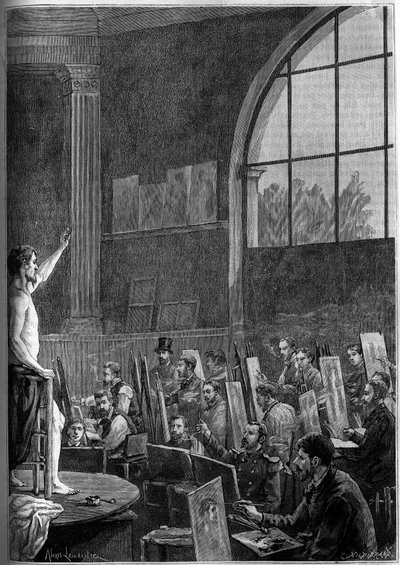 Eine Posesitzung in einem Künstleratelier in Paris. Gravur im illustren Journal „La jeunesse“ von French School