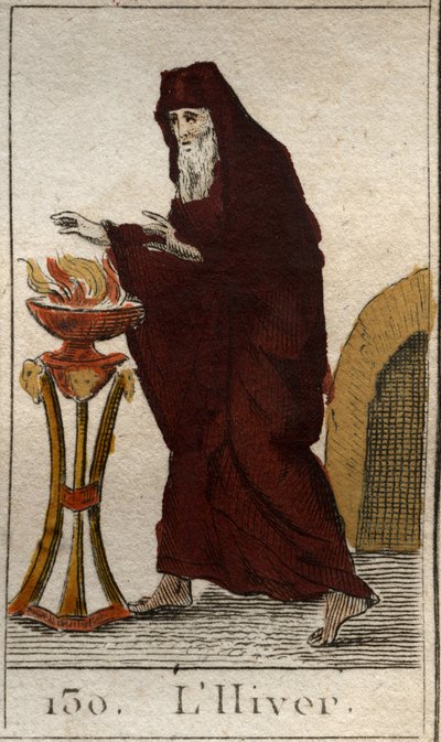 Darstellung des Winters als alter Mann, der sich am Feuer aufwärmt. Aus „Mythologie der Jugend“ von Pierre Blanchard 1803. von French School