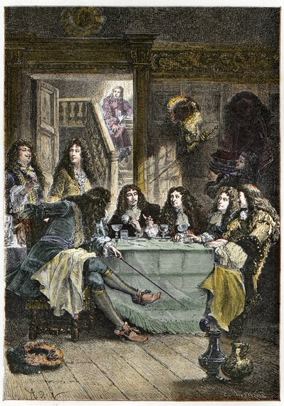 Ein Salon (Kabarett), der die französischen Schriftsteller Jean de La Fontaine, Nicolas Boileau-Despréaux, Dramatiker Jean Baptiste Poquelin genannt Molière und Dichter Jean Racine zusammenbringt von French School