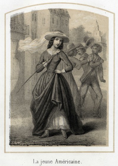 Eine junge Amerikanerin verursacht Kämpfe zwischen ihren Verehrern, anonyme Gravur des 19. Jahrhunderts von French School