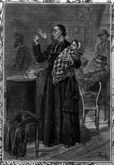 Abbe Marchal fütterte eine Waise, die in einem Krankenhaus in der Region Chaumont aufgenommen wurde. Gravur im berühmten Journal „La jeunesse“ von French School