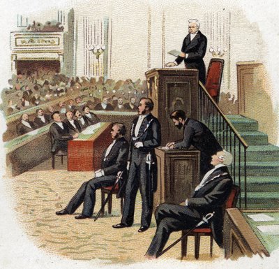 Adolphe Thiers (1797-1877), Präsident der Republik, am Rednerpult der Nationalversammlung im Jahr 1872 - Chromolithographie (Chromo) Anfang des 20. Jahrhunderts von French School
