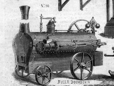 Landwirtschaftsmaschine: eine Lokomobile, präsentiert auf dem Pariser Landwirtschaftswettbewerb im Jahr 1860. Gravur in „Le Monde Illustré“ Nr. 169 vom 7. Juli 1860. von French School