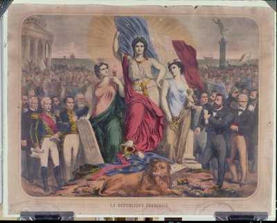 Allegorie der Französischen Republik, die Adolphe Thiers (1797-1877), Léon Gambetta (1838-1882) und Victor Hugo (1802-1885) darstellt von French School
