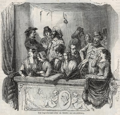 Eine Avant-Stage-Loge im Luxemburger Theater in Paris im 19. Jahrhundert - Gravur in „Tableau-de-Paris“ von Edmond Texier 1852 von French School