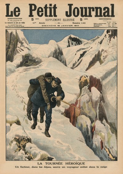 Eine heldenhafte Runde, ein alpiner Postbote rettet einen im Schnee steckengebliebenen Reisenden, Titelillustration aus 