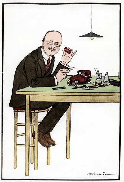 Andre Citroen (1878-1935), Modellauto anfertigend; Zeichnung von Barriere. von French School