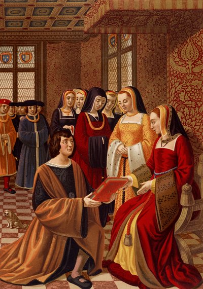 Anne von Bretagne (1477-1514) umgeben von ihren Ehrendamen. Chromolithographie nach einer Miniatur aus dem 16. Jahrhundert. Bibliothek der Künste Deco, Paris von French School