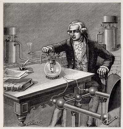 Antoine Laurent de Lavoisier (1743-1794) führt ein Experiment durch - in „Physique populaire“ von Emile Desbeaux von French School
