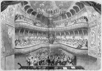 Architektur: Innenansicht des Theaters (18. Jahrhundert) des Schlosses von Fontainebleau. Gravur in „Le Monde Illustré“ Nr. 61 vom 12. Juni 1858. von French School
