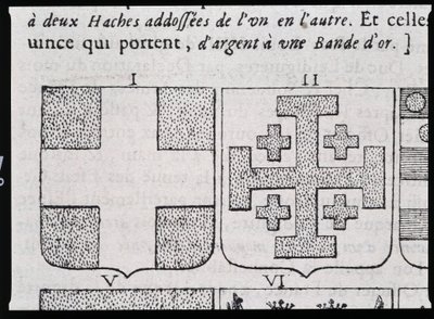 Wappen von Montmorency und Godefroy de Bouillon - in „Die wahre und vollkommene Wissenschaft der Wappen oder das Verzeichnis der Wappen“ von Pierre Paillot von French School