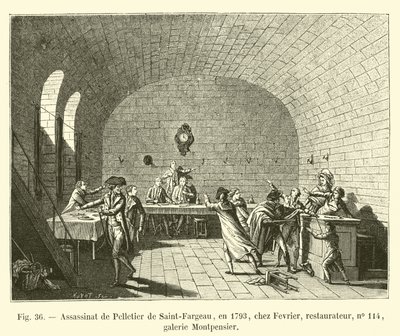 Ermordung von Pelletier de Saint-Fargeau, 1793, bei Fevrier, Restaurateur, Nr. 114, Galerie Montpensier von French School