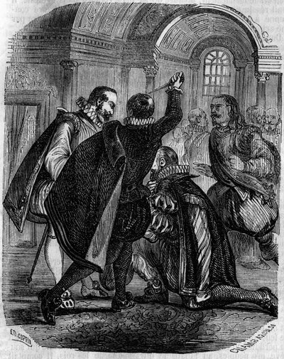 Attentatsversuch von Jean Chastel (1575-1594) auf den König von Frankreich Heinrich IV. am 27. Dezember 1594. Gravur des 19. Jahrhunderts. von French School
