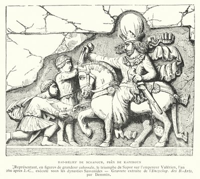 Basrelief bei Kazerun, Iran, das den Sieg des sasanischen Königs Shapur I. über den römischen Kaiser Valerian in der Schlacht von Edessa, 260, darstellt (Stich) von French School