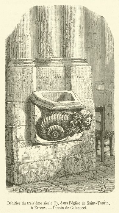 Weihwasserbecken aus dem 13. Jahrhundert?, in der Kirche Saint-Taurin, in Evreux (Stich) von French School