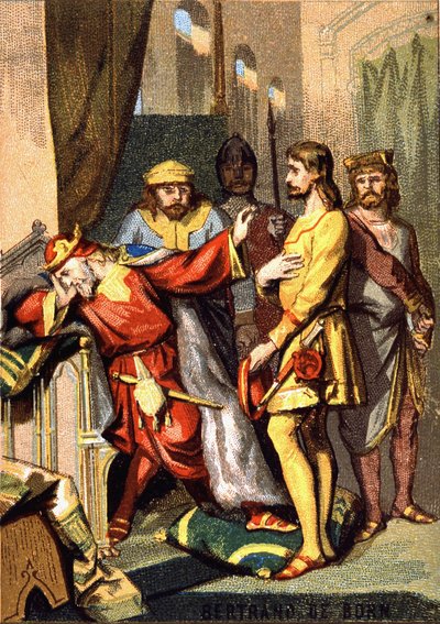 Bertran (Bertrand) de Born (1140 - 1215) Troubadour aus Périgord, Herr von Hautefort, vor Heinrich II. (1133 - 1189) von England. Chromolithographie aus der Serie „Patriotische Erziehung durch Bild“ von French School