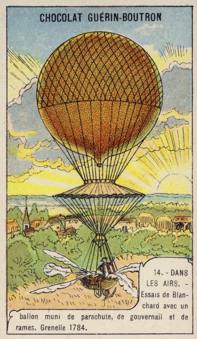 Blanchard testet seinen Ballon mit Fallschirm, Ruder und Rudern, Grenelle, Frankreich von French School