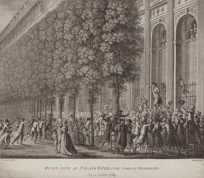 Camille Desmoulins ruft die Menschen im Palais Royal, Paris, zu den Waffen von French School