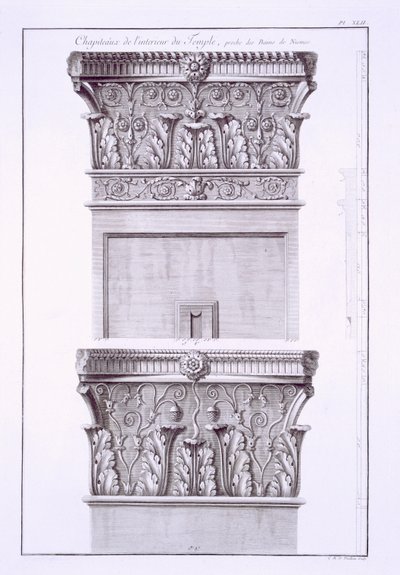 Kapitelle vom Tempel in der Nähe der römischen Bäder, Nimes, aus Antiquites de la France: Vol I, Monuments de Nimes von French School