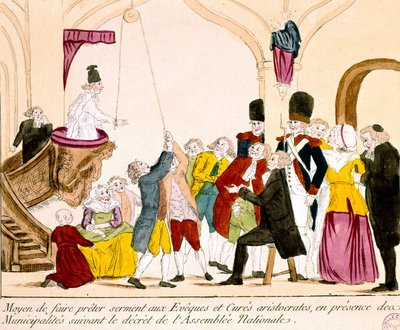 Karikatur, die französische Aristokraten und Klerus zeigt, die den Treueeid auf die Republik ablegen von French School