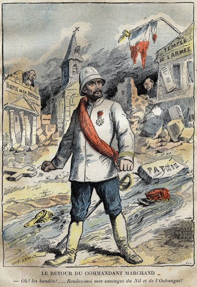 Karikatur über Kommandant Jean-Baptiste (Jean Baptiste) Marchand (1863-1934) in Toulon, Rückkehr von einer Erkundungsmission (1896-1899) in Afrika. Gravur in „Le Pelerin“ 4/06/1899. von French School