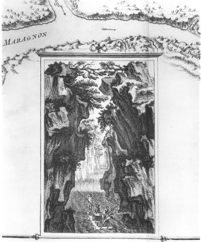 Kartusche, die La Condamine auf einem Floß auf dem Amazonas zeigt, auf einer Karte namens Carte du detroit appele Pongo de Manseriche dans le Maragnon ou la riviere des Amazones, Illustration aus Histoire de l