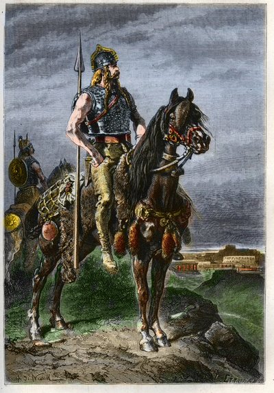 Gallischer Reiter - Gallier zu Pferd im antiken Römischen Reich - Gravur aus „Die Geschichte Frankreichs erzählt meinen Enkeln“ - von François Guizot - 1872-1876 von French School