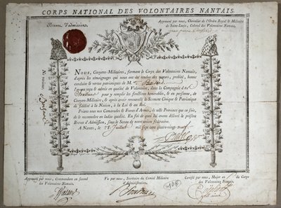 Zertifikat der Aufnahme in die Nationalgarde der Freiwilligen von Nantes, 1789 von French School